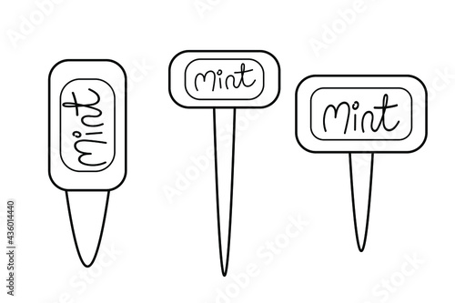 Gardening tools set of garden seed markers for mint outline simple minimalistic flat design vector illustration isolated on white background