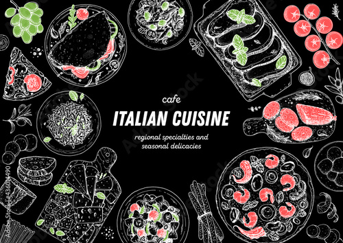 Italian Cuisine. Top view. Sketch illustration. Italian food. Design template. Hand drawn vector illustration. Black and white. Engraved style. Pasta and pizza, antipasto. Authentic dishes.