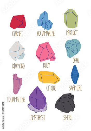 Set of colorful gems with names