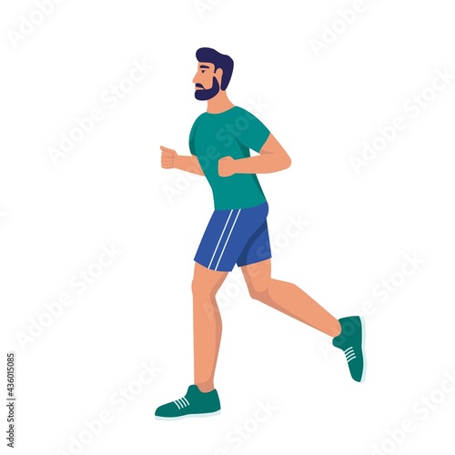 A young man runs. Sports at home, street workout, healthy lifestyle. Flat cartoon vector illustration.