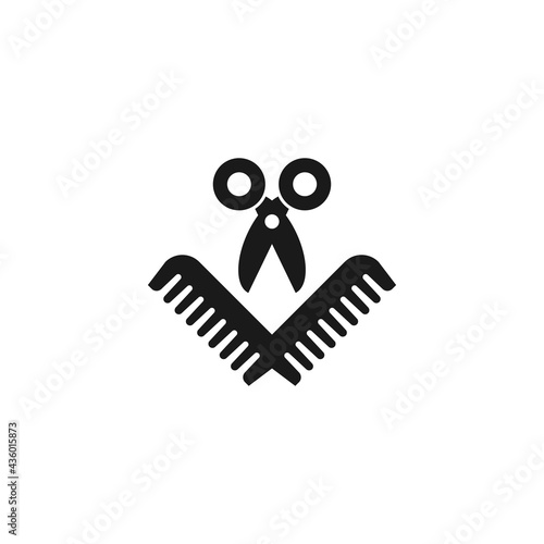 Black scissors and hair comb. Barber tools. Barbershop logo. Beauty saloon.