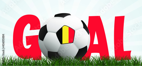 Slogan goal with football with flag of belgium on green soccer grass field. Vector background banner. Sport finale wk, ek or school, sports game cup. 2021. Belgian, Red Devils