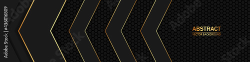 Carbon fiber hexagon black texture. Black and gold sharp arrows on dark carbon grid.