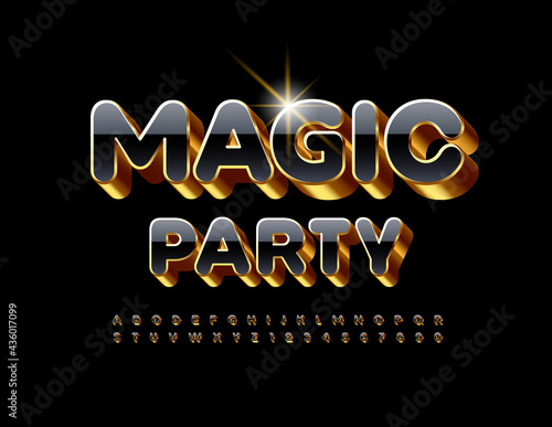 Vector premium poster Magic Party. 3D Gold and Black Font. Luxury Alphabet Letters and Numbers set