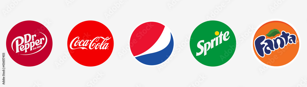 Dr pepper, Coca Cola, Fanta, Sprite and Pepsi icons. Editorial vector set.  Popular drink brands. Round