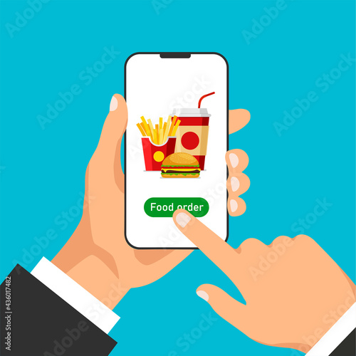 Hand holds smartphone and orders food online. Food ordering and delivery. Front view. Vector illustration in trendy flat style.