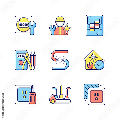Electrician service RGB color icons set. Electrical meter repair. Circuit breaker panel. Outlet repairment. Isolated vector illustrations. Sparks and overheating simple filled line drawings collection