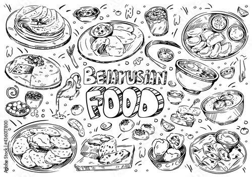 Hand drawn vector illustration. Doodle Belarusian food: kletski, nalistniki, pancakes, babka, draniki, sashni, fruit drink, сranberries in sugar powder, machanka, khaladnik soup