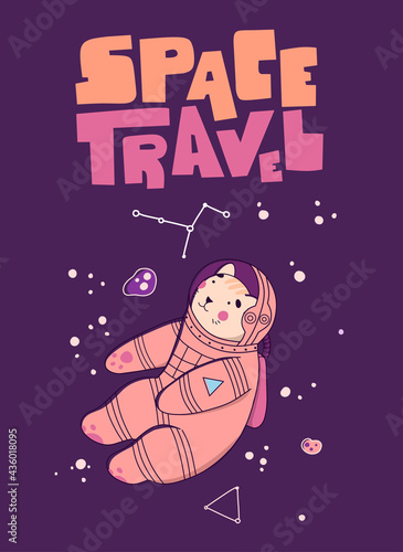 Space travel - Cat astronaut in space, Flat Cartoon vector illustration. Black background.