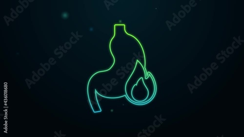 Glowing neon line Stomach heartburn icon isolated on black background. Stomach burn. Gastritis and acid reflux, indigestion and stomach pain problems. 4K Video motion graphic animation photo