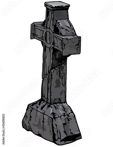 Stone Cemetery Cross - Tomb Cross as a Color Illustration Isolated on White Background, Vector photo