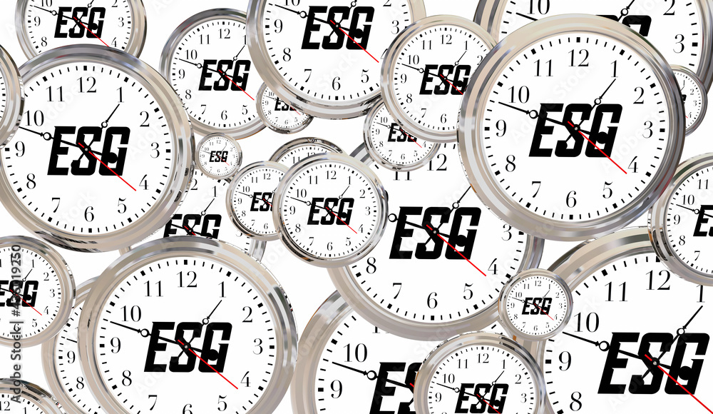 Naklejka premium ESG Environmental Social Corporate Governance Sustainability Clocks Time 3d Illustration