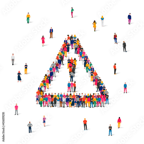A large group of people stands in a triangular sign Caution. Stop sign, dangerous from people.