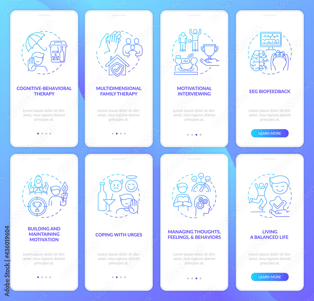 Rehabilitation onboarding mobile app page screen with concepts set. New addiction types walkthrough 5 steps graphic instructions. UI, UX, GUI vector template with linear color illustrations