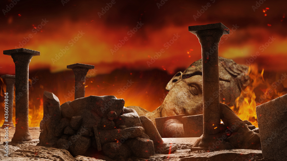 3d render background illustration of ancient greek temple ruins with female goddess statue, rocks and columns burning on dark war backdrop. - obrazy, fototapety, plakaty 