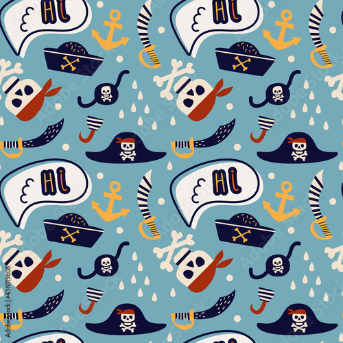 Vector illustration of seamless pattern with pirates. On a turquoise background, a pirate hat, a skull with bones and a saber. Hi lettering and eye patch. For nursery, printing on fabric, paper. © Olga Shelukhova