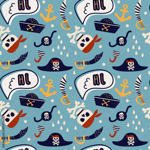 Vector illustration of seamless pattern with pirates. On a turquoise background, a pirate hat, a skull with bones and a saber. Hi lettering and eye patch. For nursery, printing on fabric, paper.