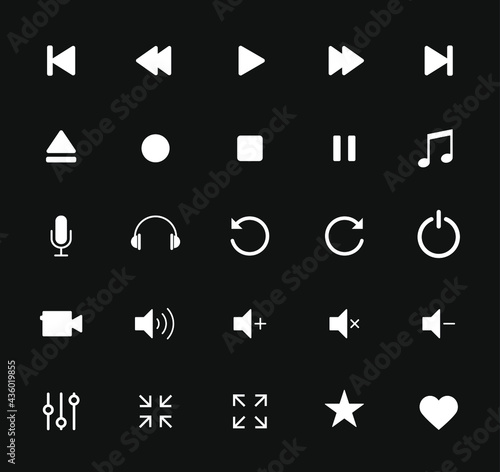 Audio and video icon symbol set. Volume control button collection. Interface and application sign elements. Stop and play buttons. Vector illustration image.