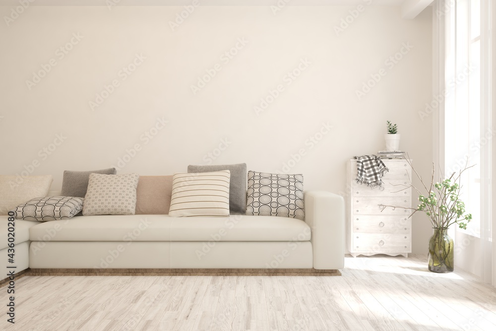 Fototapeta premium Soft color living room with sofa. Scandinavian interior design. 3D illustration