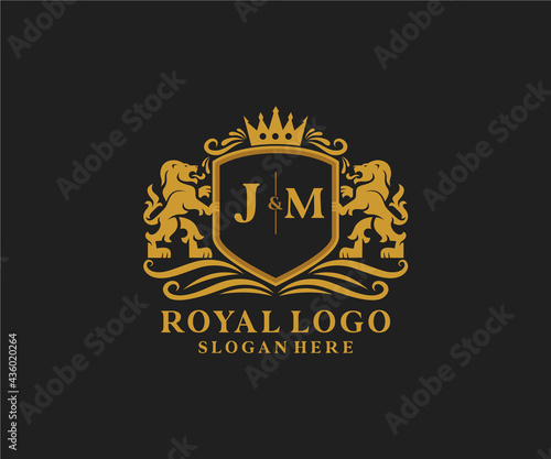 Initial JM Letter Lion Royal Luxury Logo template in vector art for Restaurant, Royalty, Boutique, Cafe, Hotel, Heraldic, Jewelry, Fashion and other vector illustration.