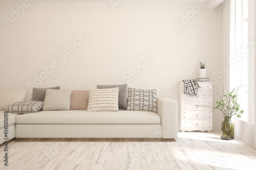 Soft color living room with sofa. Scandinavian interior design. 3D illustration