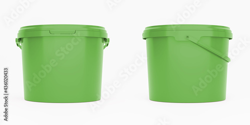 Green 3,5l plastic paint can / bucket / container with handle and no label, isolated on white background.	
 photo