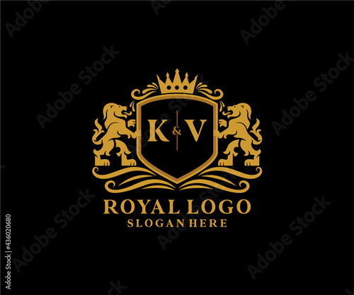 Initial KV Letter Lion Royal Luxury Logo template in vector art for Restaurant, Royalty, Boutique, Cafe, Hotel, Heraldic, Jewelry, Fashion and other vector illustration. photo