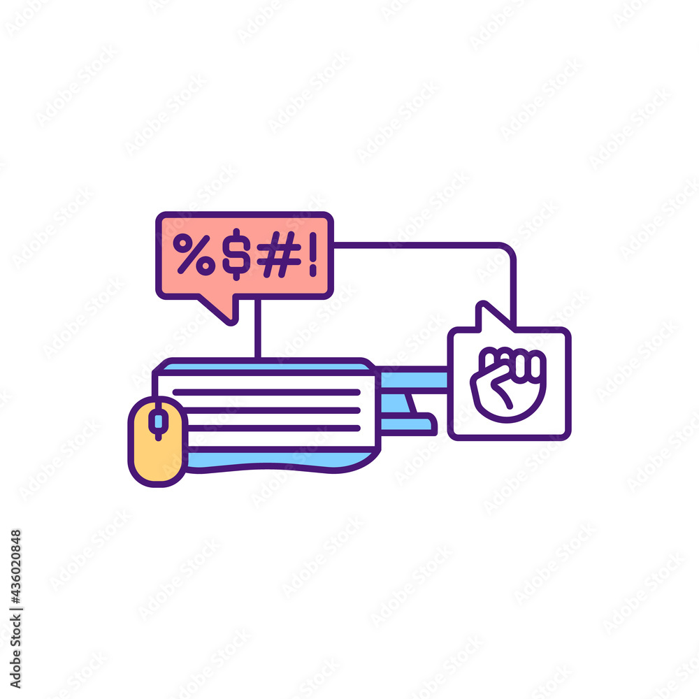 Posting aggressive online comments in social media RGB color icon. Sending negative content. Anonymity in online interactions and disputes. Cyberbullying someone. Isolated vector illustration Posting aggressive online comments in social media RGB color icon. Sending negative content. Anonymity in online interactions and disputes. Cyberbullying someone. Isolated vector illustration