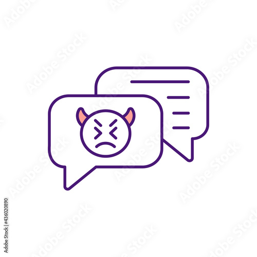 Text bullying RGB color icon. Sending hurtful emails and messages. Threatening someone through cyber interactions. Using online technology for mental damage on purpose. Isolated vector illustration