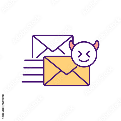 Cyber bullying via emails RGB color icon. Sending abusive, threatening text messages. Stalking and harassing using electronic means. Online abuse, threats. Isolated vector illustration