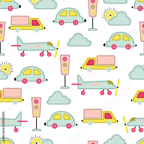 Cute Applique Transport Vehicles Vector Seamless Pattern