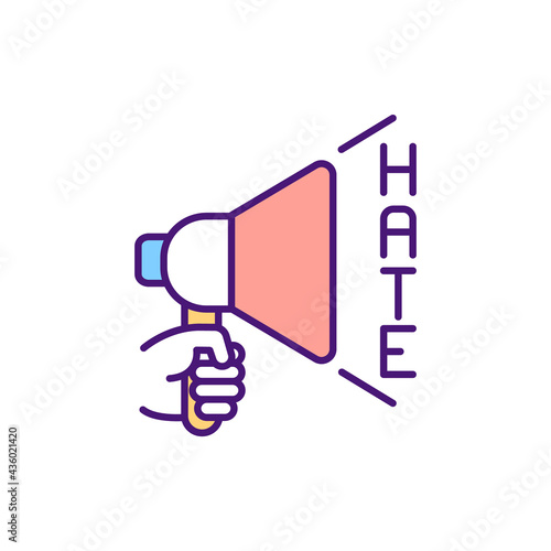 Hate speech in cyberspace RGB color icon. Expressions about violence and discrimination against someone. Provoking fear and hostility. Hateful messages. Isolated vector illustration