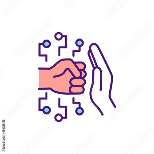 Cyberbullying prevention RGB color icon. Resisting harassment in online environments. Stopping aggressive behavior. Restricting bullying through digital devices. Isolated vector illustration