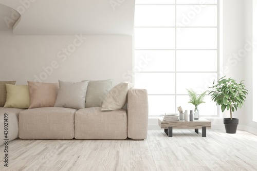 White living room with sofa. Scandinavian interior design. 3D illustration