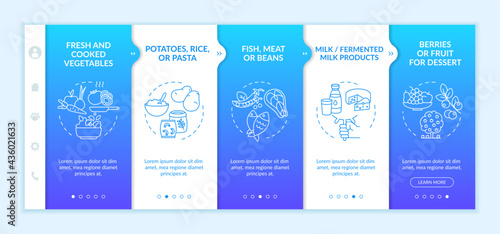 Healthy school meal components onboarding vector template. Responsive mobile website with icons. Web page walkthrough 5 step screens. Berries for dessert color concept with linear illustrations