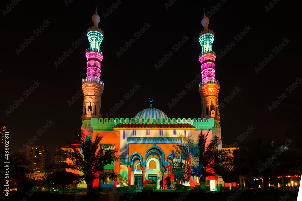 Sharjah - UAE light festival laser light show at one of the mosque , Low light shot
