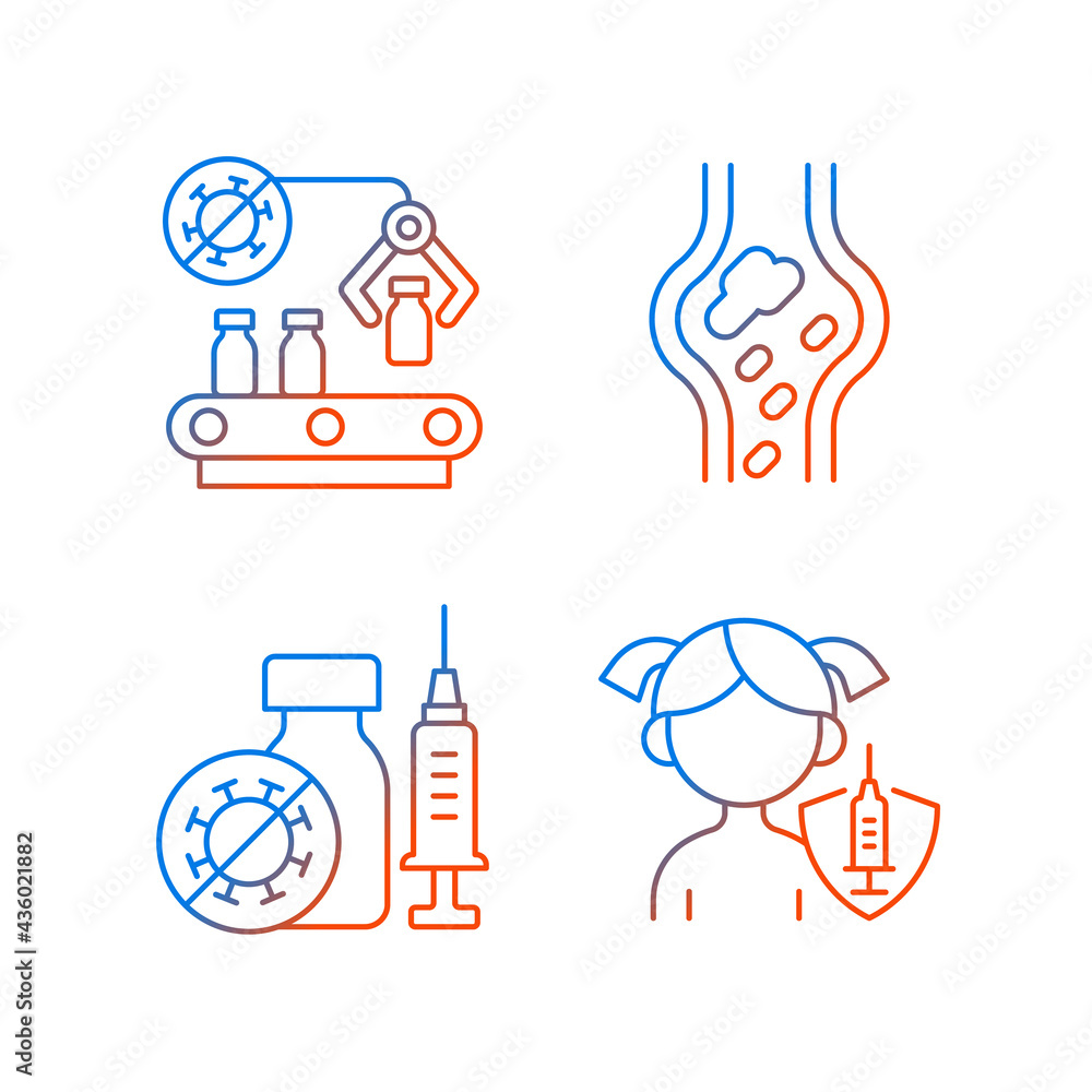 Vaccination gradient linear vector icons set. Pharmaceutical ...