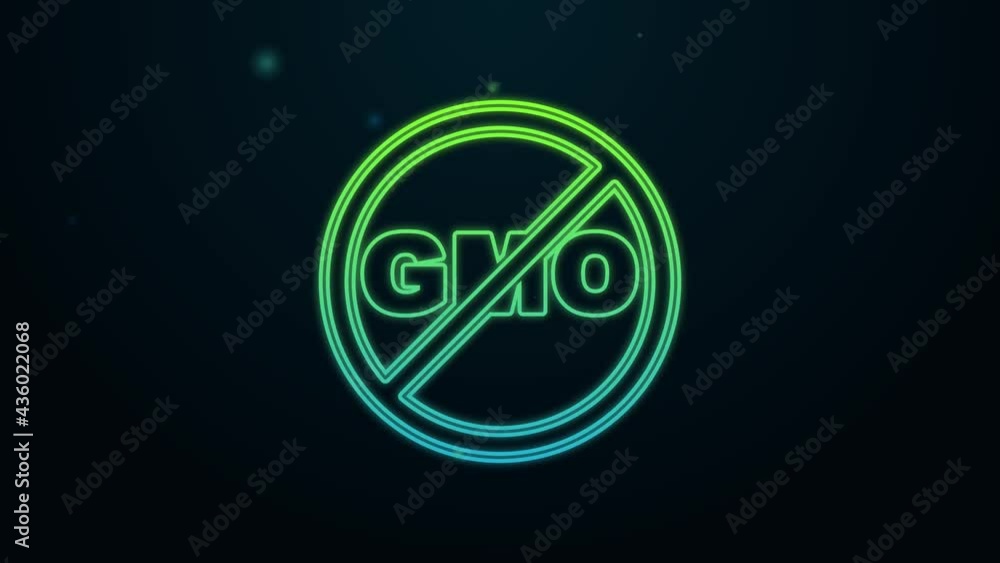 Glowing neon line No GMO icon isolated on black background. Genetically modified organism acronym. Dna food modification. 4K Video motion graphic animation Glowing neon line No GMO icon isolated on black background. Genetically modified organism acronym. Dna food modification. 4K Video motion graphic animation