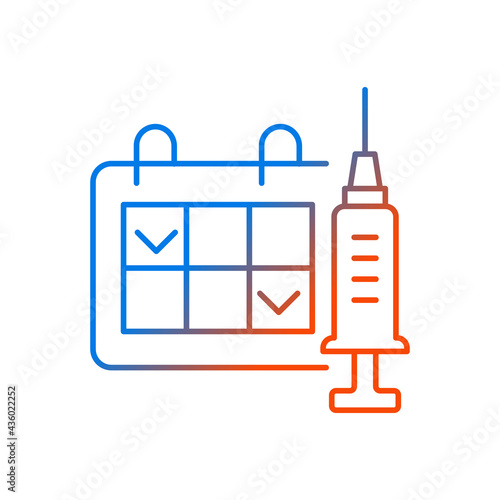 Two dose vaccination gradient linear vector icon. Schedule for drug injection. 2 doze vaccine schedule. Thin line color symbols. Modern style pictogram. Vector isolated outline drawing
