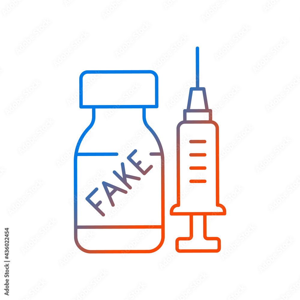 Fake vaccine gradient linear vector icon. False covid drug. Fraudulent medication. Disease treatment problem. Thin line color symbols. Modern style pictogram. Vector isolated outline drawing Fake vaccine gradient linear vector icon. False covid drug. Fraudulent medication. Disease treatment problem. Thin line color symbols. Modern style pictogram. Vector isolated outline drawing