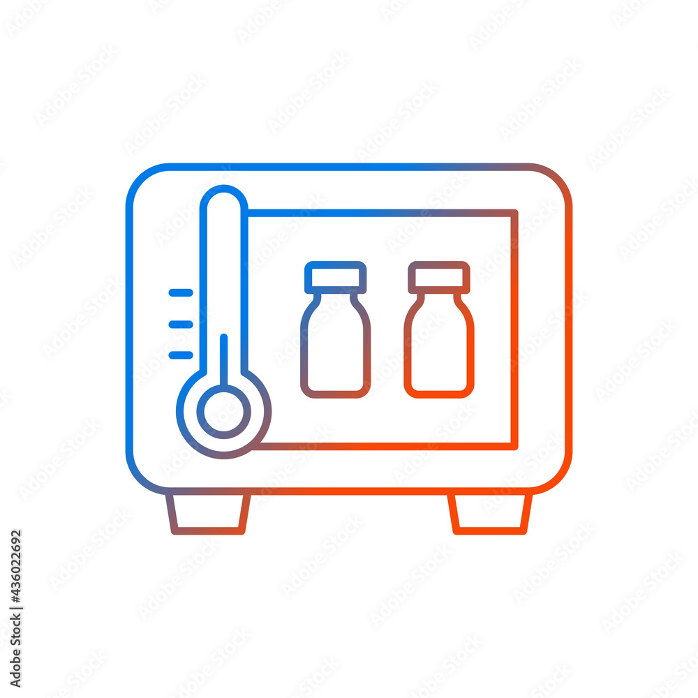 Vaccine storage gradient linear vector icon. Refrigerator with drug vials. Storing pharmaceutical supplies. Thin line color symbols. Modern style pictogram. Vector isolated outline drawing Vaccine storage gradient linear vector icon. Refrigerator with drug vials. Storing pharmaceutical supplies. Thin line color symbols. Modern style pictogram. Vector isolated outline drawing