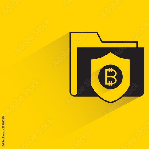 folder and bitcoin security shield icon with shadow on yellow background