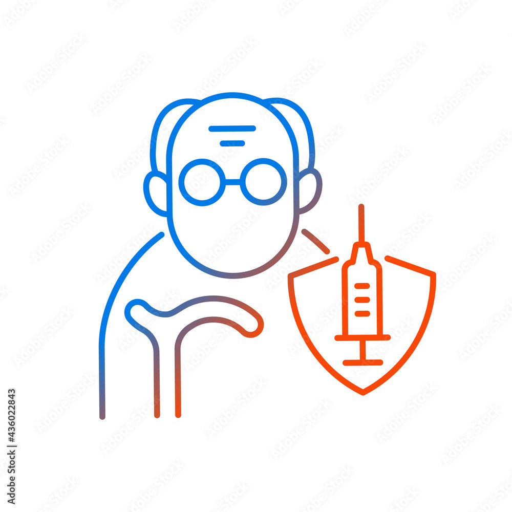 Vaccination of elderly people gradient linear vector icon. Priority list age group. Senior man for vaccine injection. Thin line color symbols. Modern style pictogram. Vector isolated outline drawing Vaccination of elderly people gradient linear vector icon. Priority list age group. Senior man for vaccine injection. Thin line color symbols. Modern style pictogram. Vector isolated outline drawing