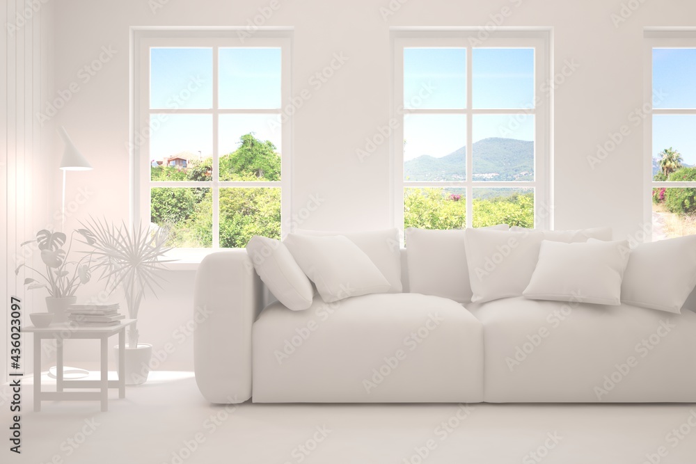 Mock up of stylish room in white color with sofa and green landscape in window. Scandinavian interior design. 3D illustration Mock up of stylish room in white color with sofa and green landscape in window. Scandinavian interior design. 3D illustration