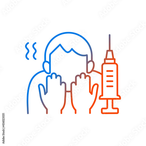 Fear of vaccination gradient linear vector icon. Phobia of injection. Afraid of syringe needles. Health treatment. Thin line color symbols. Modern style pictogram. Vector isolated outline drawing