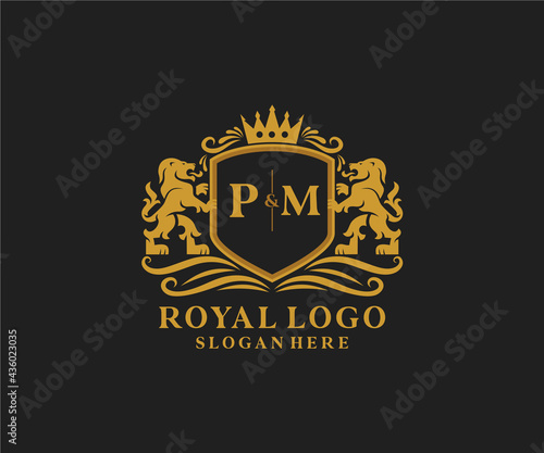 Initial PM Letter Lion Royal Luxury Logo template in vector art for Restaurant, Royalty, Boutique, Cafe, Hotel, Heraldic, Jewelry, Fashion and other vector illustration.