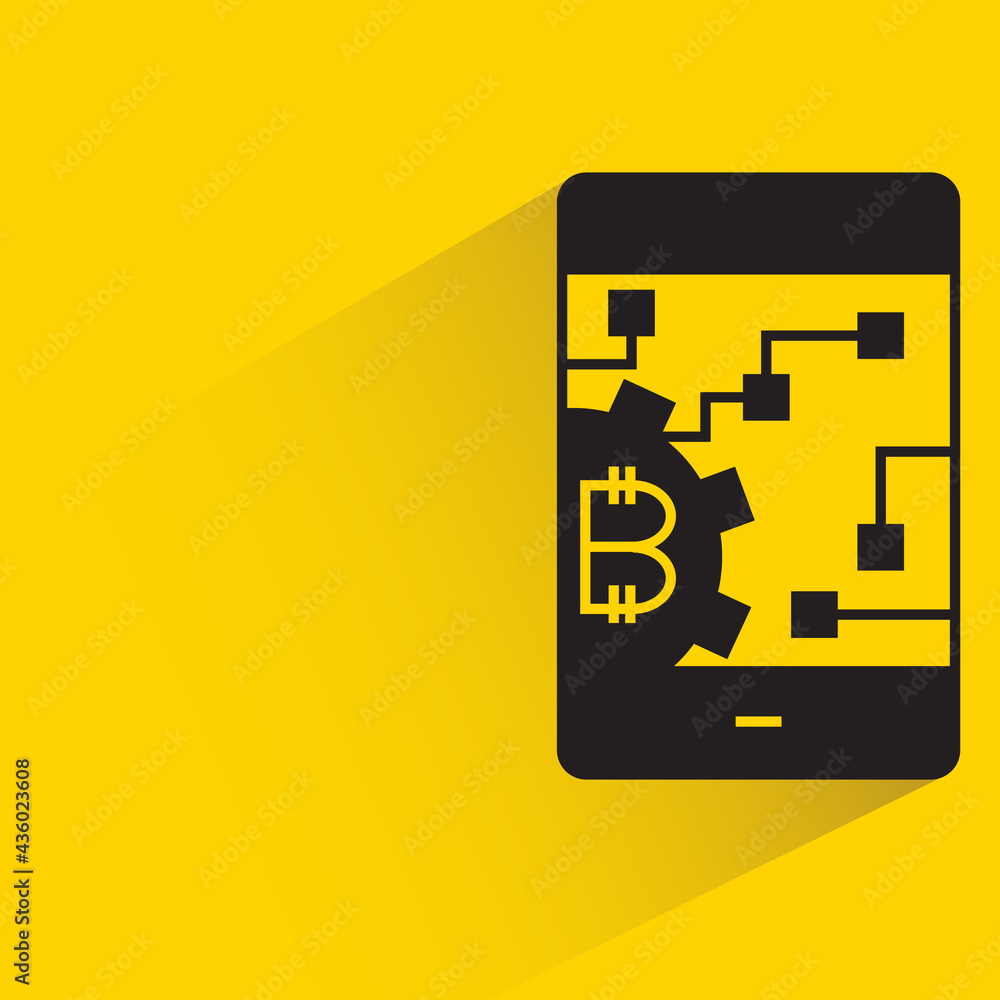 smartphone and bitcoin icon with shadow on yellow background smartphone and bitcoin icon with shadow on yellow background