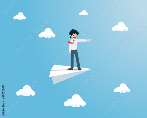 Salary Man Stand On Paper Plane And Point to Forward