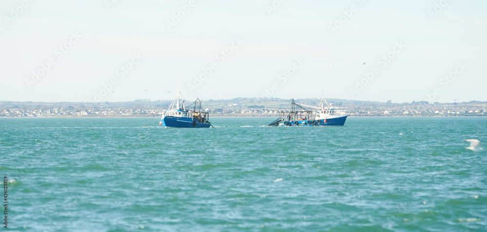 Two fishing boat, trawlers fishing Razor fish in an open Irish sea. Food industry, traditional craft, environmental damage concepts.
