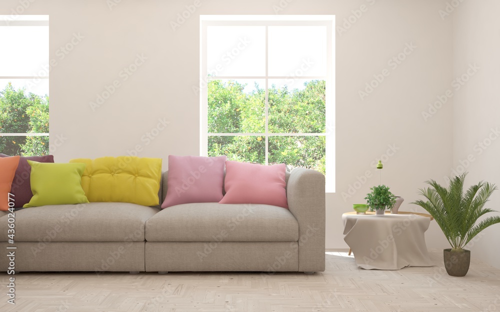 Fototapeta premium White living room with sofa and summer landscape in window. Scandinavian interior design. 3D illustration